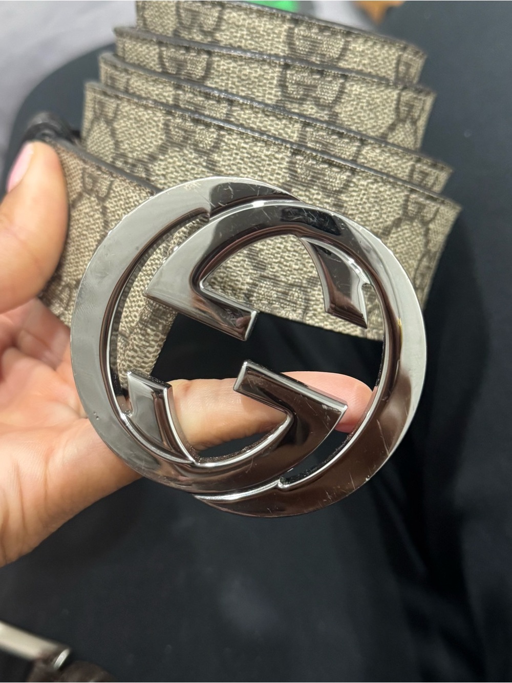 Gucci Beige Monogram GG Canvas Belt with Gunmetal Double G Buckle - Picture 5 of 5